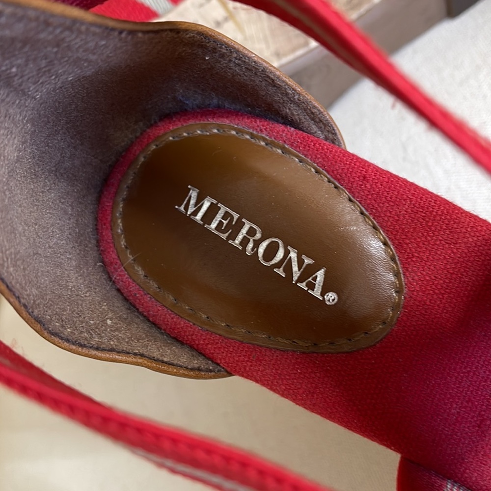 Super Cute Merona Red & Taupe Elastic Strap Wedge Sandals Size 7.5 - Picture 8 of 16